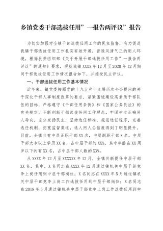 乡镇党委干部选拔任用”一报告两评议”报告