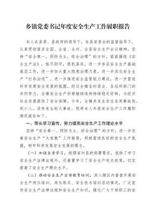 乡镇党委书记年度安全生产工作履职报告