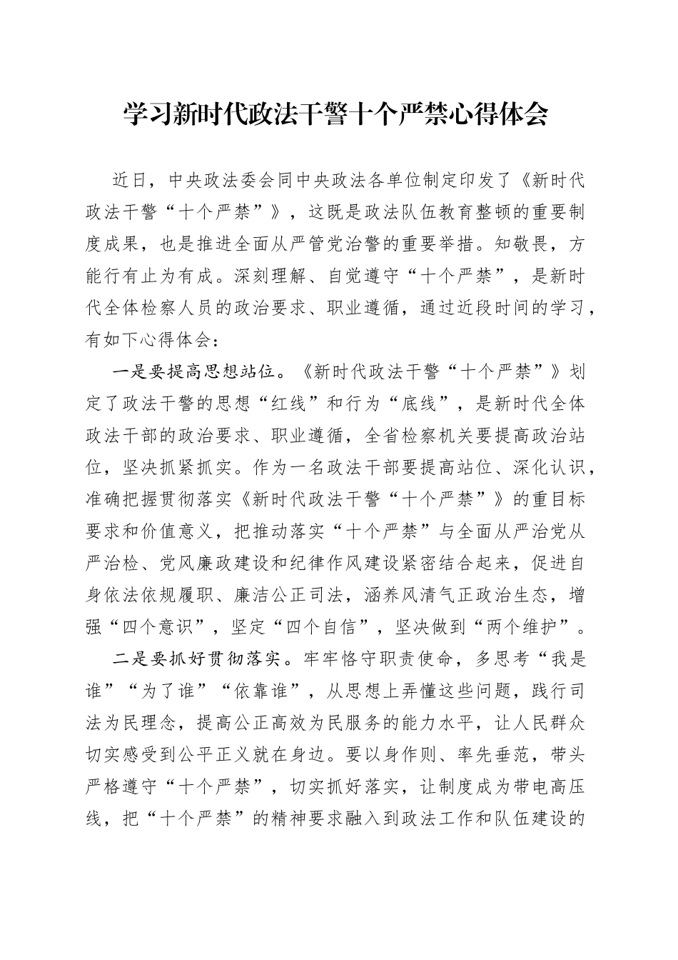 学习新时代政法干警十个严禁心得体会_第1页