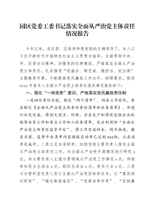 园区落实全面从严治党主体责任情况报告