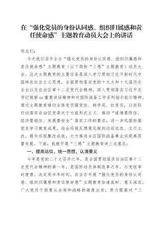 在“强化党员的身份认同感、组织归属感和责任使命感”主题教育动员大会上的讲话