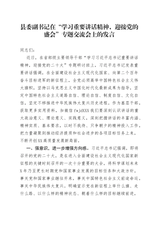 在“学习重要讲话精神，迎接党的盛会”专题交流会上的发言