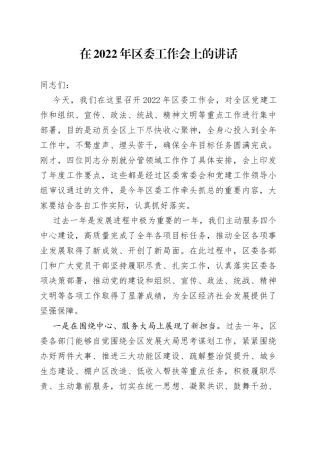 在2022年区委工作会上的讲话