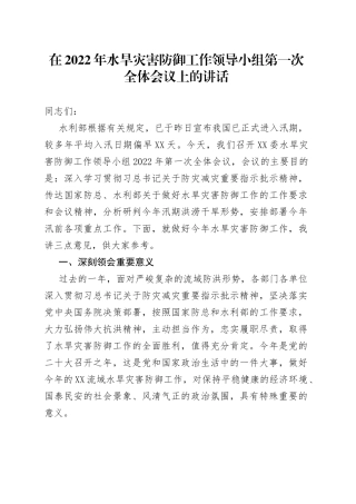 在2022年水旱灾害防御工作领导小组第一次全体会议上的讲话