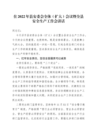 在2022年县安委会全体（扩大）会议暨全县安全生产工作会讲话