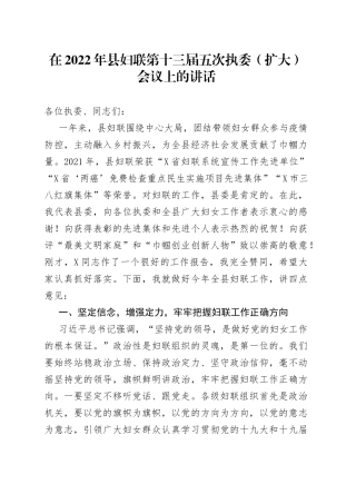 在2022年县妇联第十三届五次执委（扩大）会议上的讲话