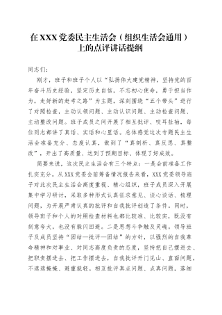 在XXX党委民主生活会（组织生活会通用）上的点评讲话提纲