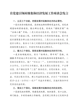 在党建引领村级集体经济发展工作座谈会发言