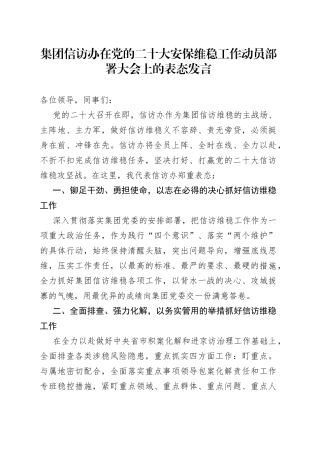 在二十大安保维稳工作动员部署大会上的表态发言