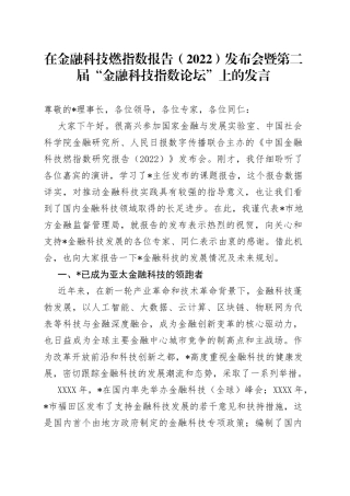 在金融科技燃指数报告（2022）发布会暨第二届“金融科技指数论坛”上的发言
