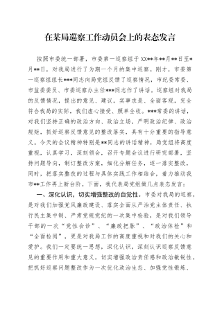 在某局巡察工作动员会上的表态发言