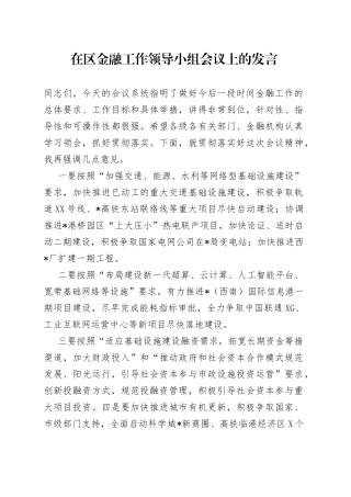 在区金融工作领导小组会议上的发言