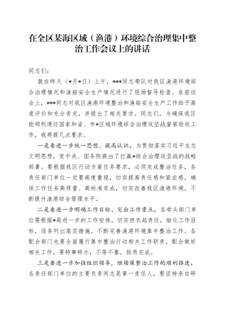 在全区某海区域（渔港）环境综合治理集中整治工作会议上的讲话