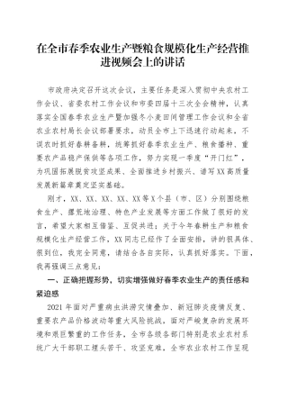 在全市春季农业生产暨粮食规模化生产经营推进视频会上的讲话