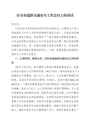 在全市道路交通安全工作会议上的讲话