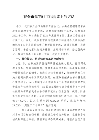 在全市供销社工作会议上的讲话
