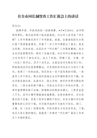 在全市河长制督查工作汇报会上的讲话