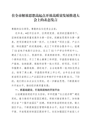 在全市解放思想高起点开放高质量发展推进大会上的表态发言