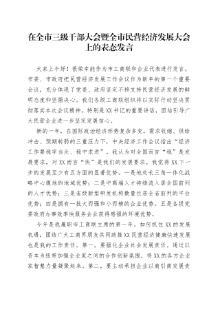 在全市三级干部大会暨全市民营经济发展大会上的表态发言