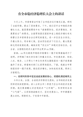 在全市稳经济稳增长大会上的讲话