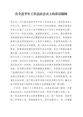 在全县半年工作总结会议上的讲话提纲