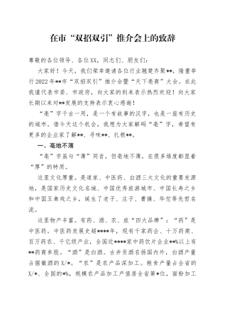 在市“双招双引”推介会上的致辞