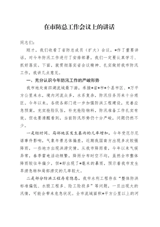在市防总工作会议上的讲话