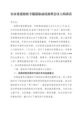 在市委巡察组专题巡察动员部署会议上的讲话