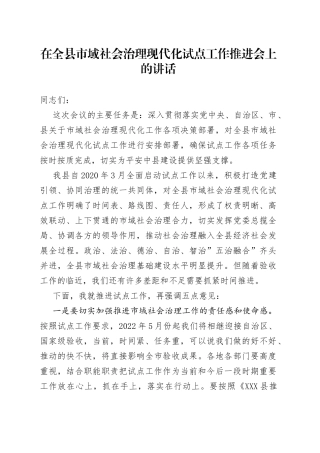 在市域社会治理现代化试点工作推进会上的讲话