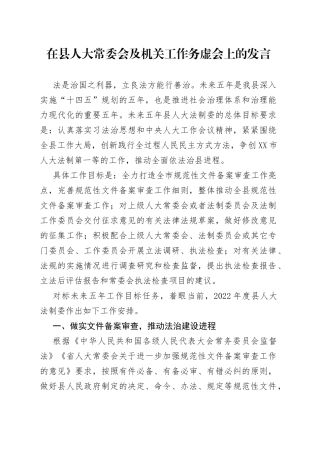在县人大常委会及机关工作务虚会上的发言