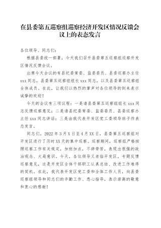在县委第五巡察组巡察经济开发区情况反馈会议上的表态发言