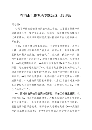 在消杀工作专班专题会议上的讲话