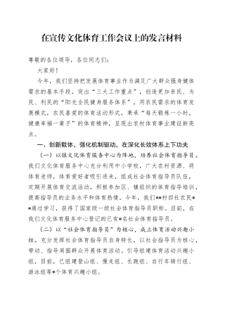 在宣传文化体育工作会议上的发言材料