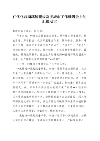 在优化营商环境建设富美城市工作推进会上的汇报发言