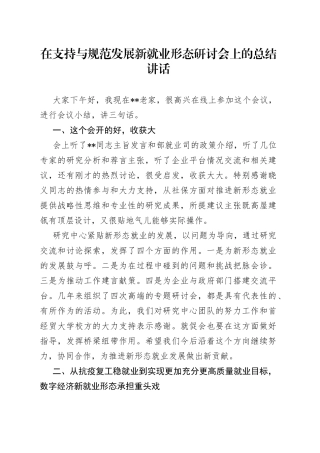 在支持与规范发展新就业形态研讨会上的总结讲话