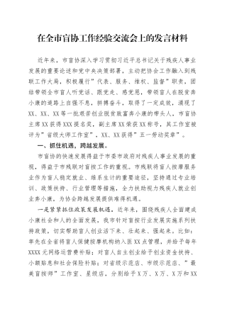 在全市盲协工作经验交流会上的发言材料