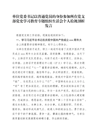 （2篇）单位党委书记以普通党员的身份参加所在党支部学习教育专题组织生活会个人检视剖析发言及总结讲话