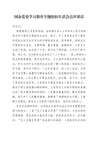 （2篇）国企（公司）学习教育专题组织生活会点评讲话