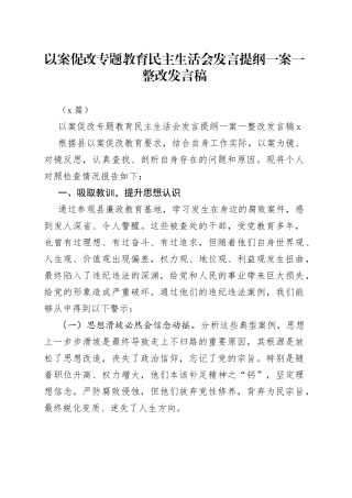 （2篇）以案促改专题教育民主生活会发言提纲一案一整改发言稿