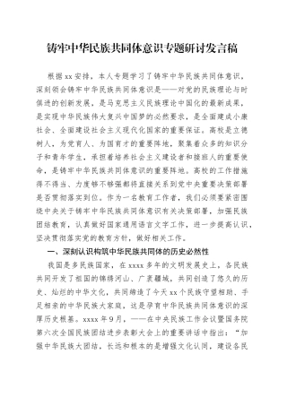 （2篇）铸牢中华民族共同体意识专题研讨发言