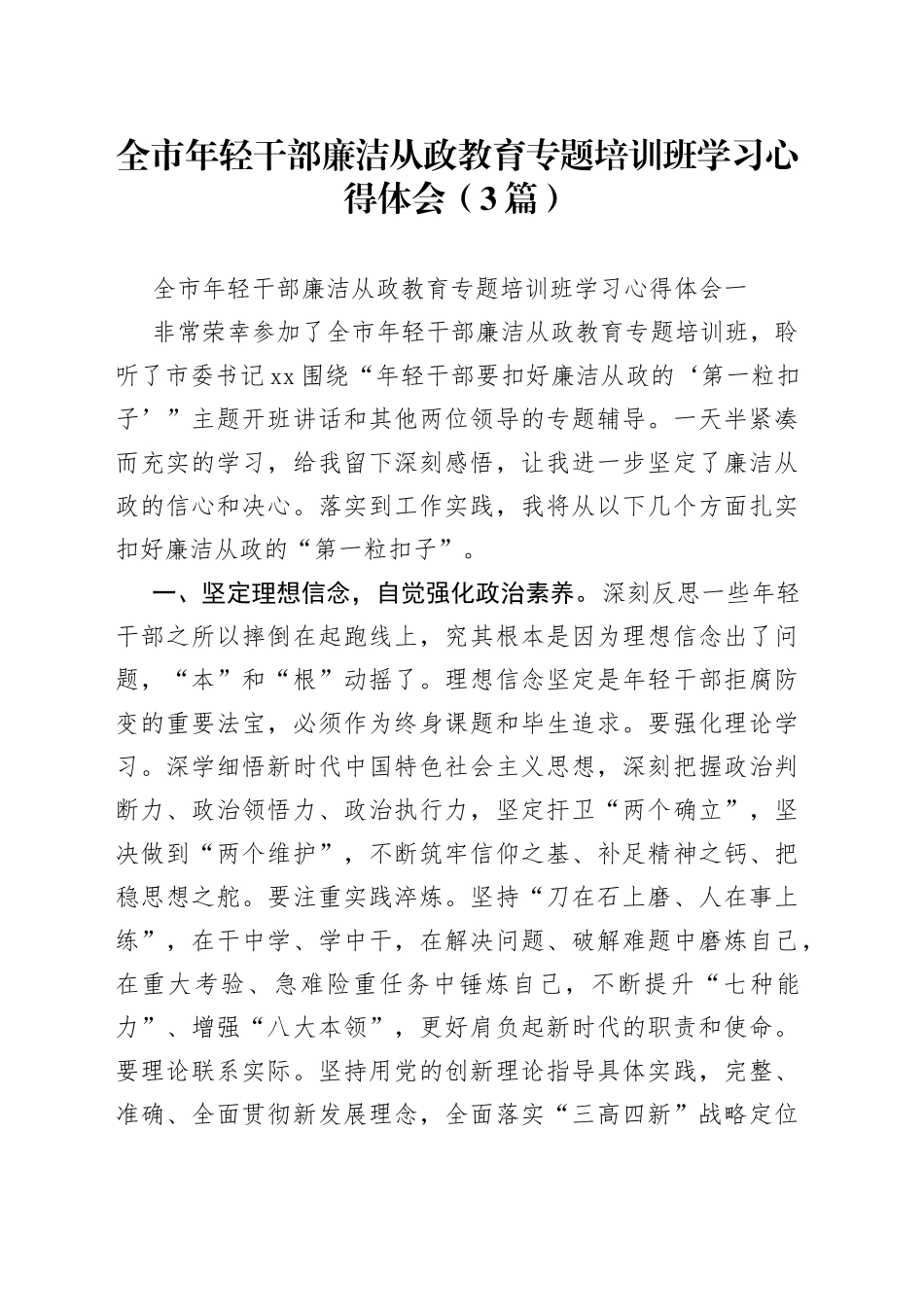 （3篇）全市年轻干部廉洁从政教育专题培训班学习心得体会_第1页