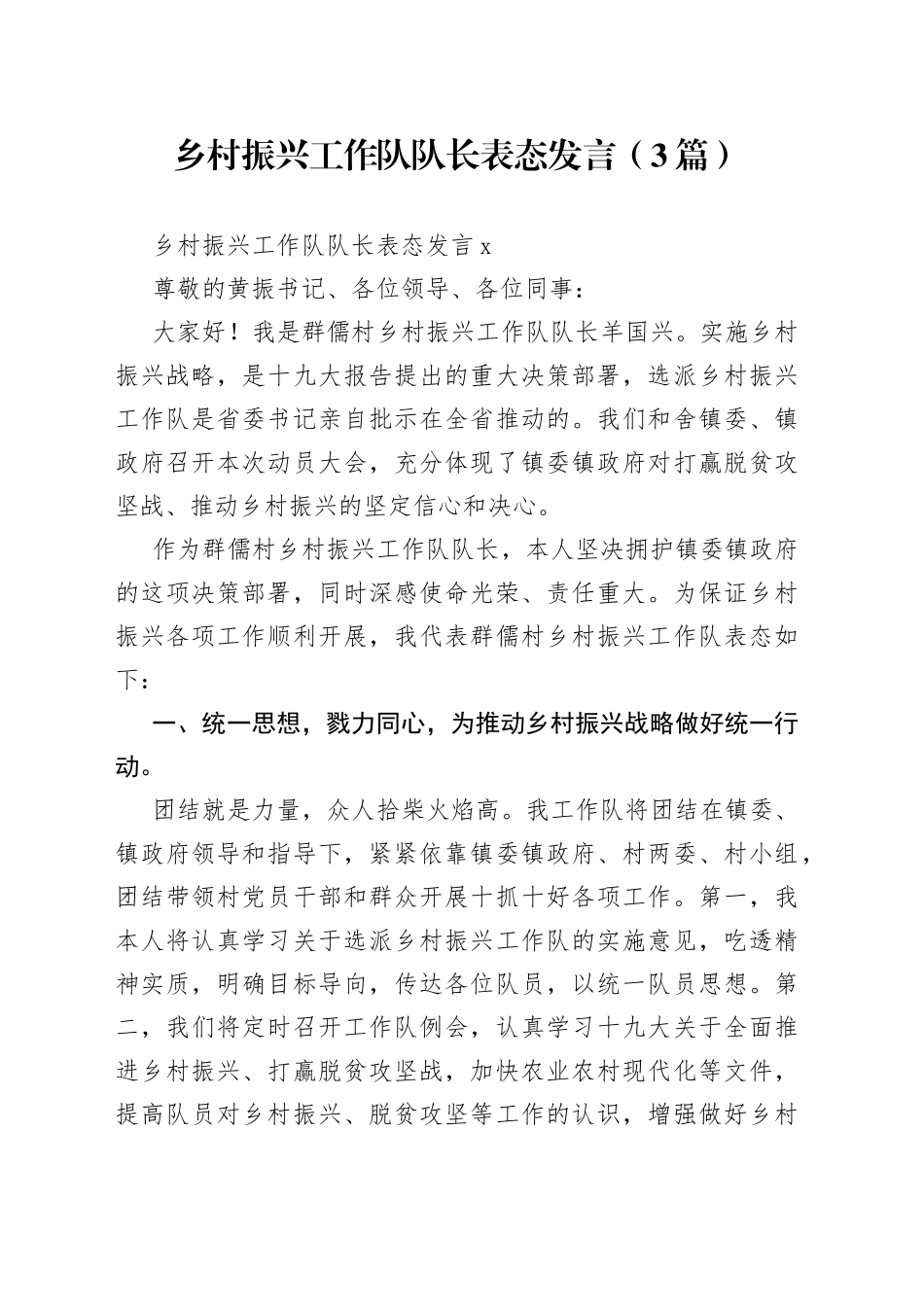 （3篇）乡村振兴工作队队长表态发言_第1页