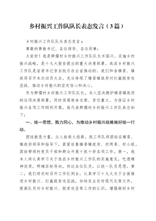 （3篇）乡村振兴工作队队长表态发言