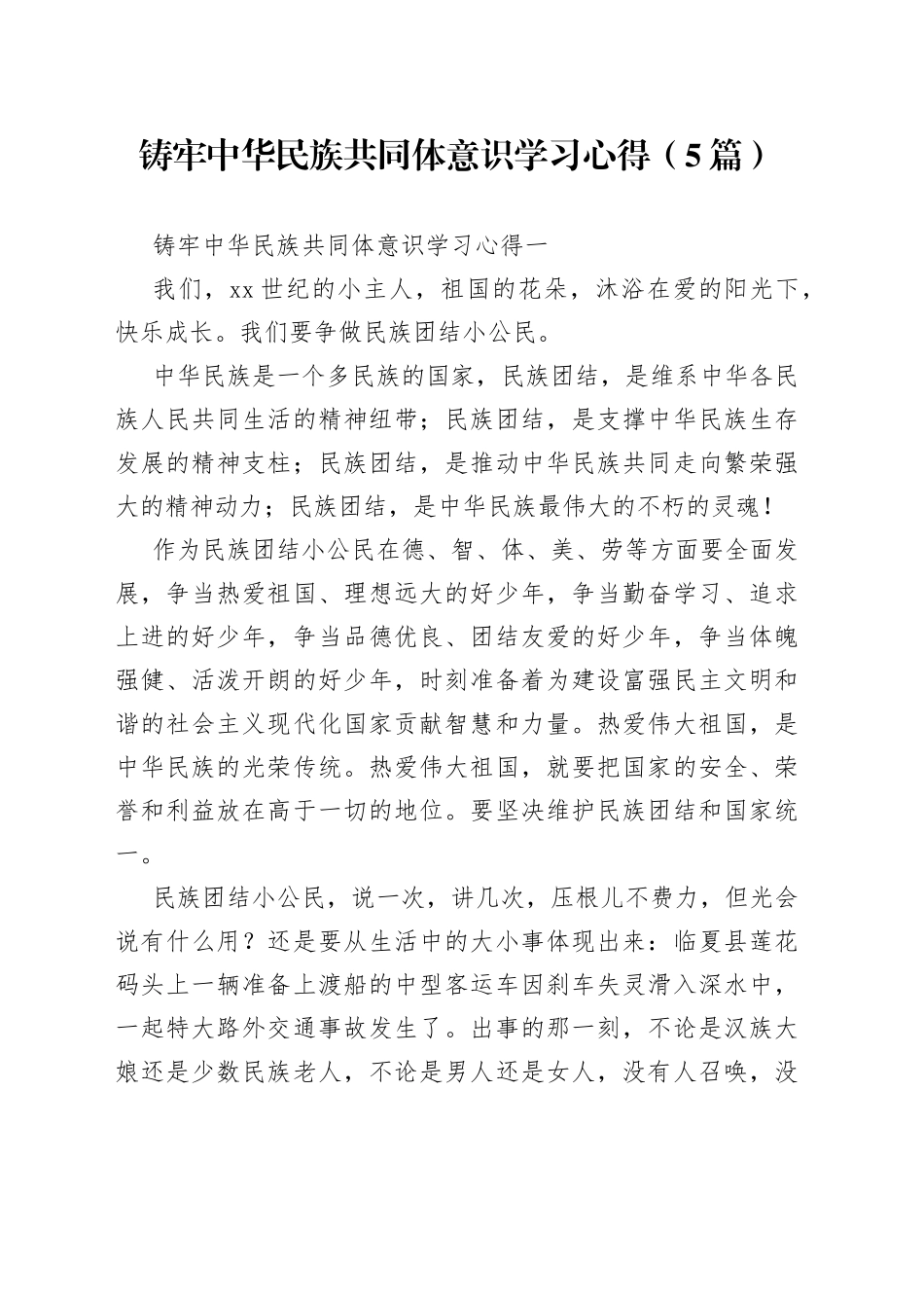 （5篇）铸牢中华民族共同体意识学习心得_第1页