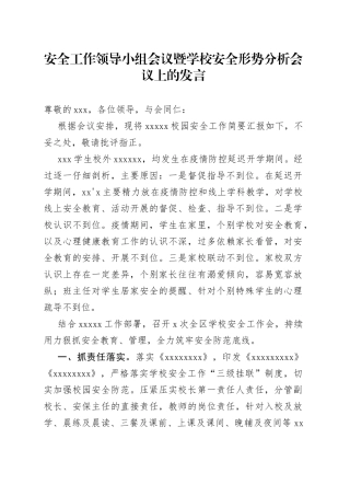 安全工作领导小组会议暨学校安全形势分析会议上的发言