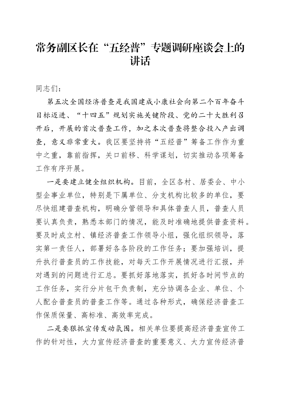 常务副区长在“五经普”专题调研座谈会上的讲话_第1页