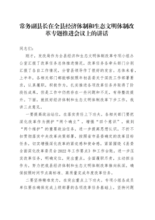 常务副县长在全县经济体制和生态文明体制改革专题推进会议上的讲话