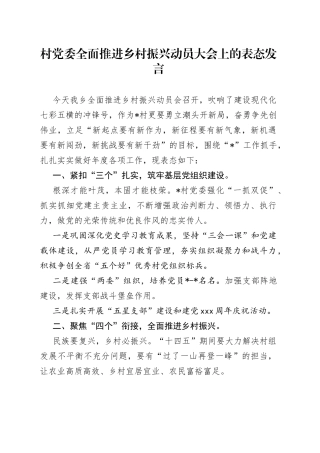村党委全面推进乡村振兴动员大会上的表态发言