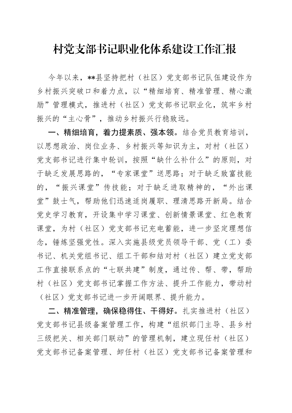 村党支部书记职业化体系建设工作汇报_第1页