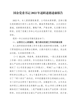 国企党委书记2022年述职述德述廉报告(1)